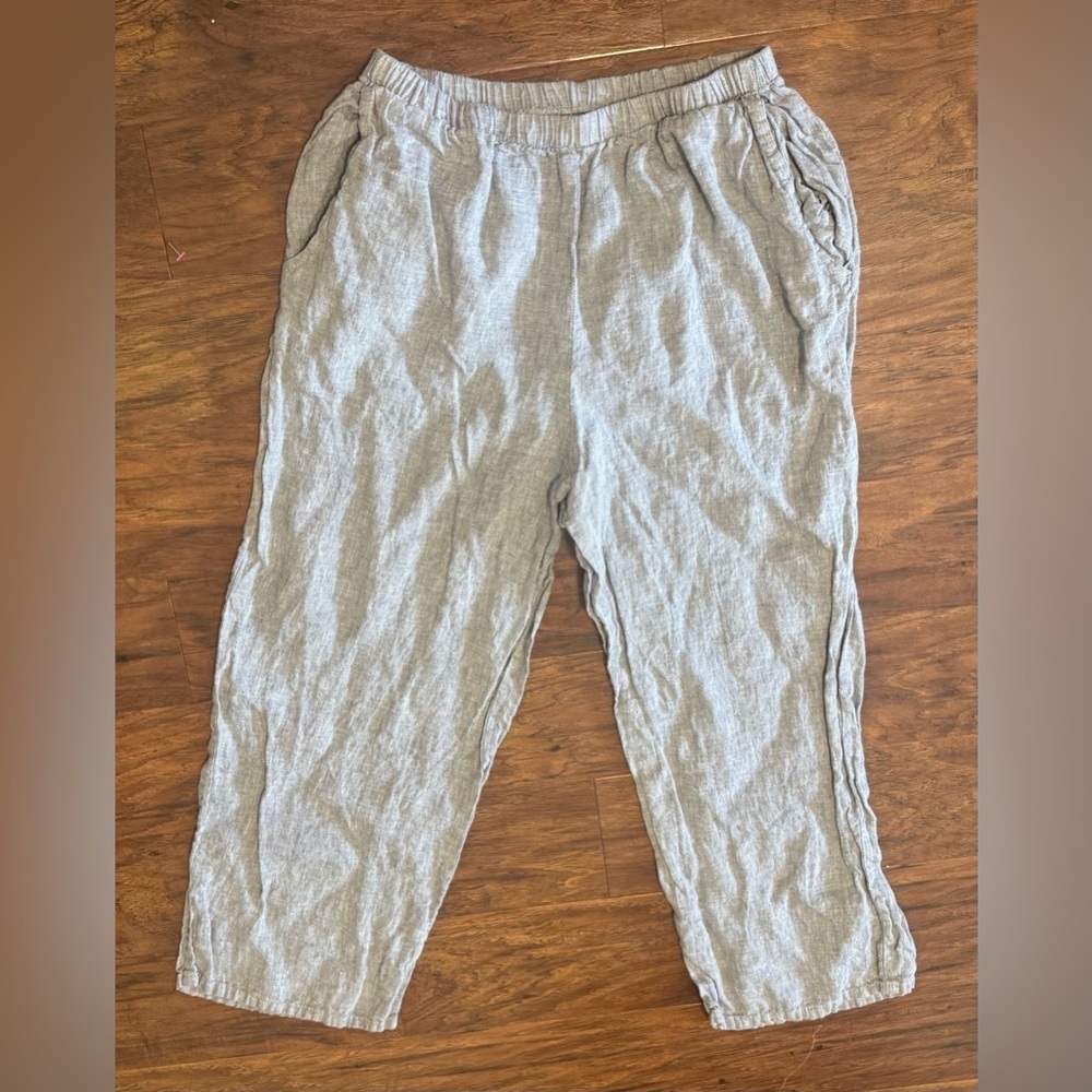 Flax Heathered Grey 100% Linen Pants Cropped Relaxed Pull On Comfy Size Small